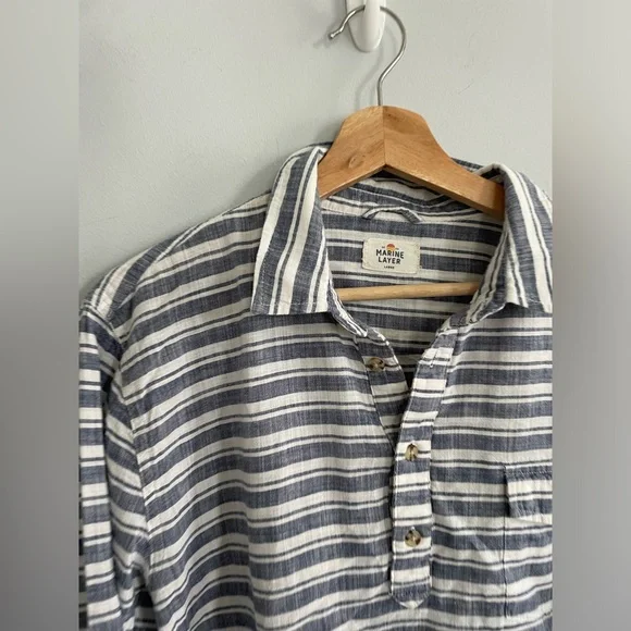 Marine Layer Women’s Carrie Popover Top 1/2 Button Striped Linen Blend Size L - Picture 2 of 4
